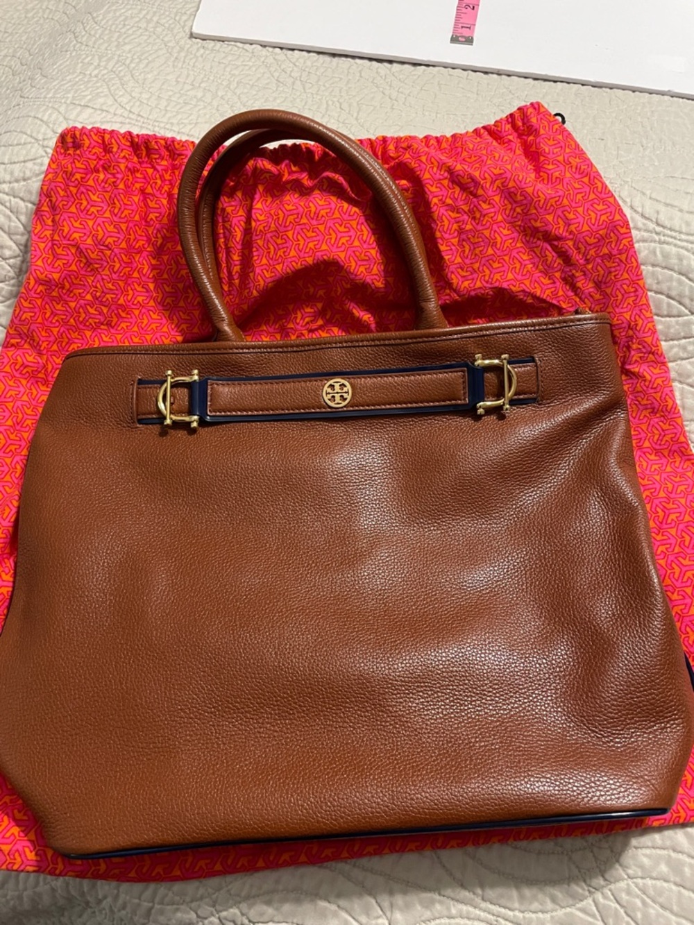 Tory Burch Cognac Jardin Pebbled Leather Tote with Navy Trim - Picture 1 of 11